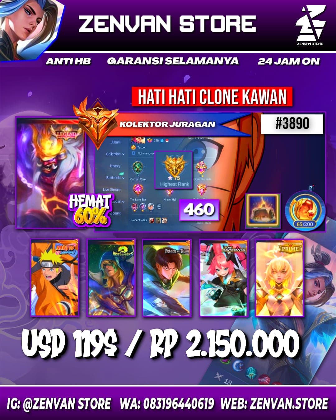 🔥 #3890 🔥 460 Skins 💎 Legend Franco King of Hell 👑 Collector Jawhead & Natalia ⚔️ Naruto Uzumaki Lukas ⭐ Attack on Titan Levi Martis 🌟 Mistbender Aldous 🎯 Aspirant Layla & Ruby ✨ Sanrio Chang’e & Floryn 🔱 KOF Aurora 💎 Transformers Popol & Roger 👑 Prime Beatrix & Yu Zhong ⚔️ Many Limited, Zodiac & Epic Skins ✅