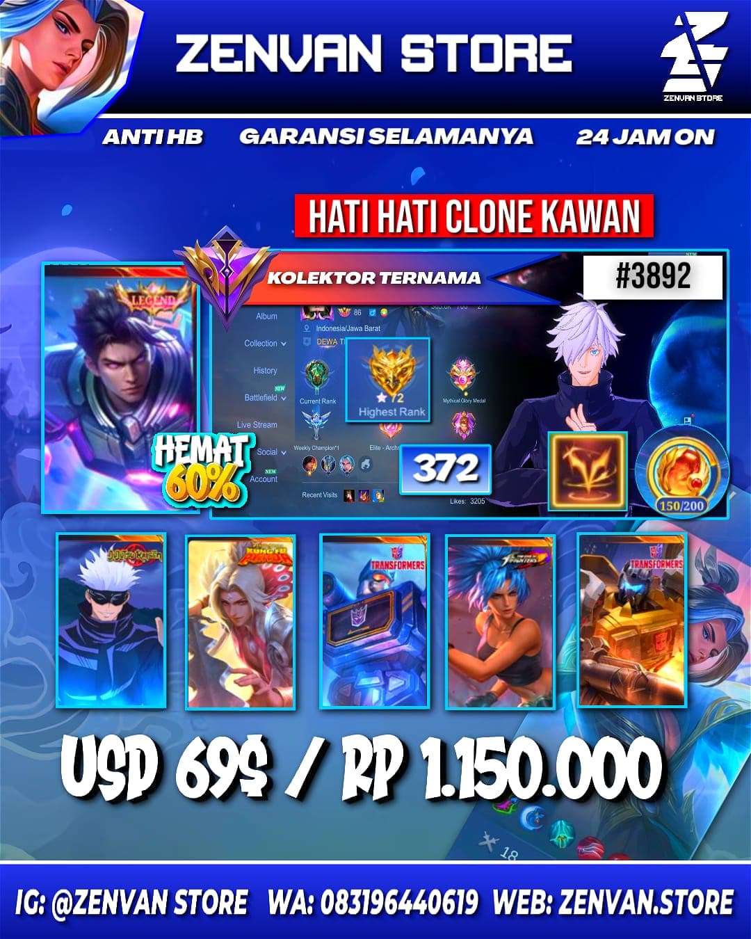 🔥 #3892 🔥 372 Skins 💎 Legend Alucard 👑 Jujutsu Kaisen Gojo ⚔️ Kungfu Panda Ling & Thamuz ⭐ Transformer Popol & Roger 🌟 Prime Beatrix 🎯 KoF Karina ✨ Many Limited 🔱 Many Zodiac 💎 Many Epic 👑 Saf ✅ Safe Account