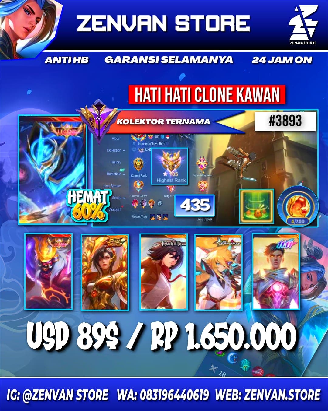 🔥 #3893 🔥 435 Skins 💎 Legend Jhonson & Gusion 👑 Collector Natalia ⚔️ Soul Valls Benedetta ⭐ Attack on Titan Mikasa 🌟 11.11 Gusion 🎯 Aspirant Lesley ✨ Prime Yu Zhong & Beatrix 🔱 SpongeBob 💎 KoF ✅ Safe Account