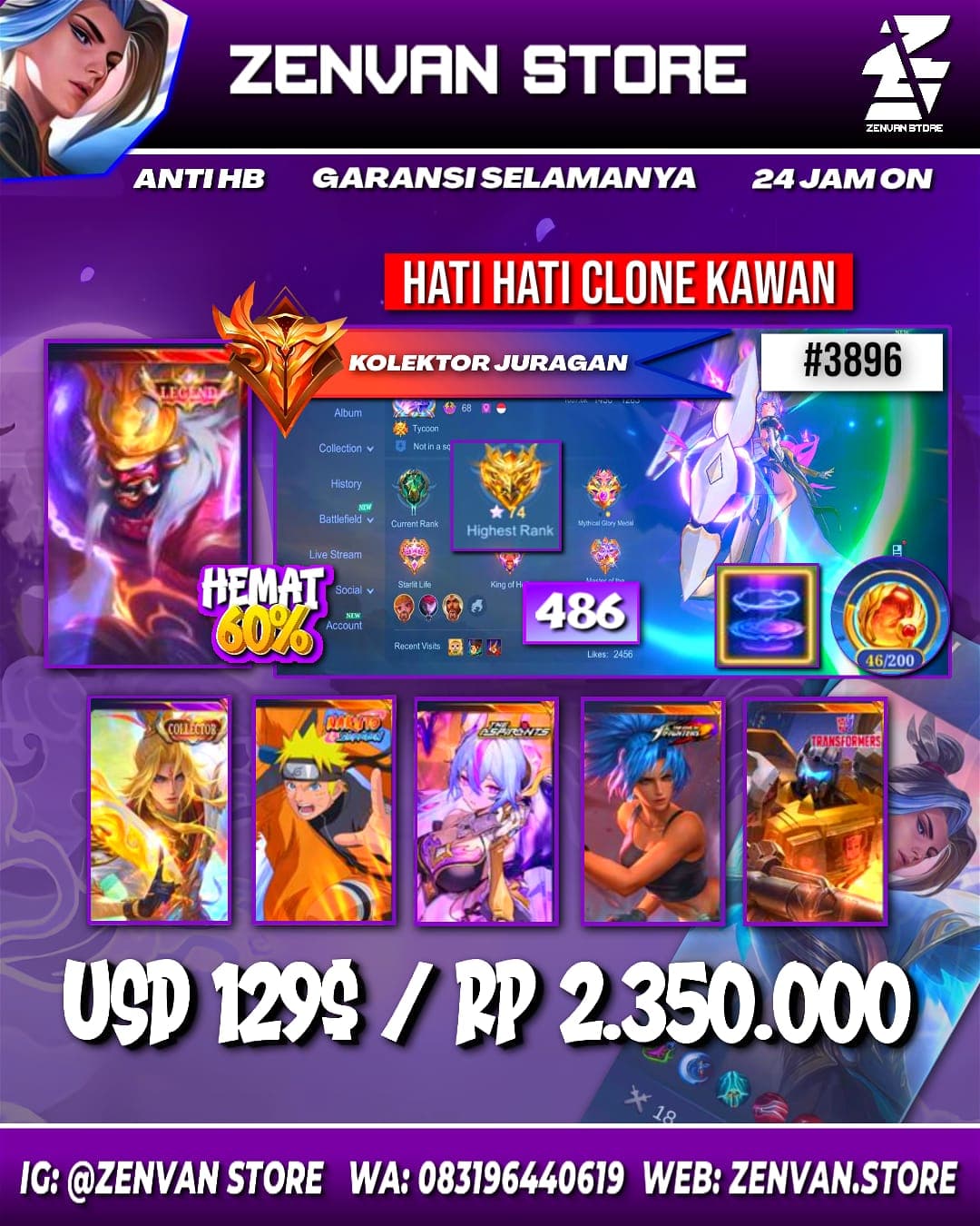 Foto akun ML 🔥 #3896 🔥 486 Skins 💎 Legend Franco 👑 Collector Xavier & Natalia ⚔️ Naruto ⭐ Aspirant Vexana 🌟 Prime Granger, Claude & Yu Zhong 🎯 SpongeBob ✨ KoF Karina 🔱 Transformer Roger 💎 Many Limited 👑 Ma ✅ Safe Account - gambar 1
