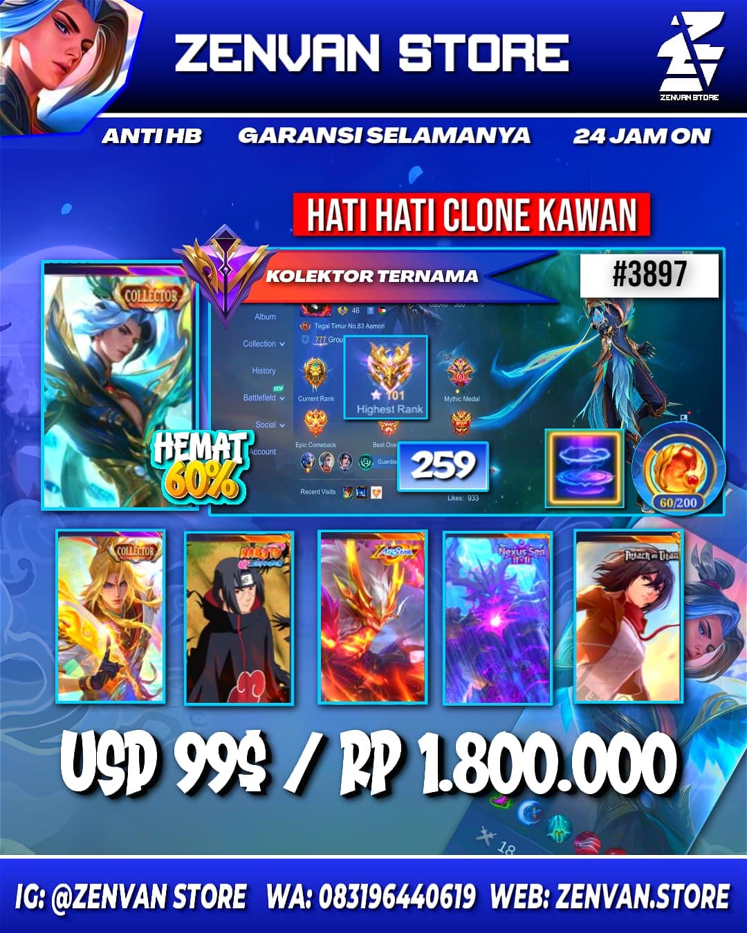 Foto akun ML 🔥 #3897 🔥 259 Skins 💎 Collector Ling & Xavier 👑 Itachi ⚔️ Attack on Titan Mikasa ⭐ 11.11 Thamuz 🌟 Internal Moskov 🎯 Saint Seiya Chou ✨ KoF Karina & Gusion 🔱 Prime Granger 💎 SpongeBob 👑 Many Li ✅ Safe Account - gambar 1