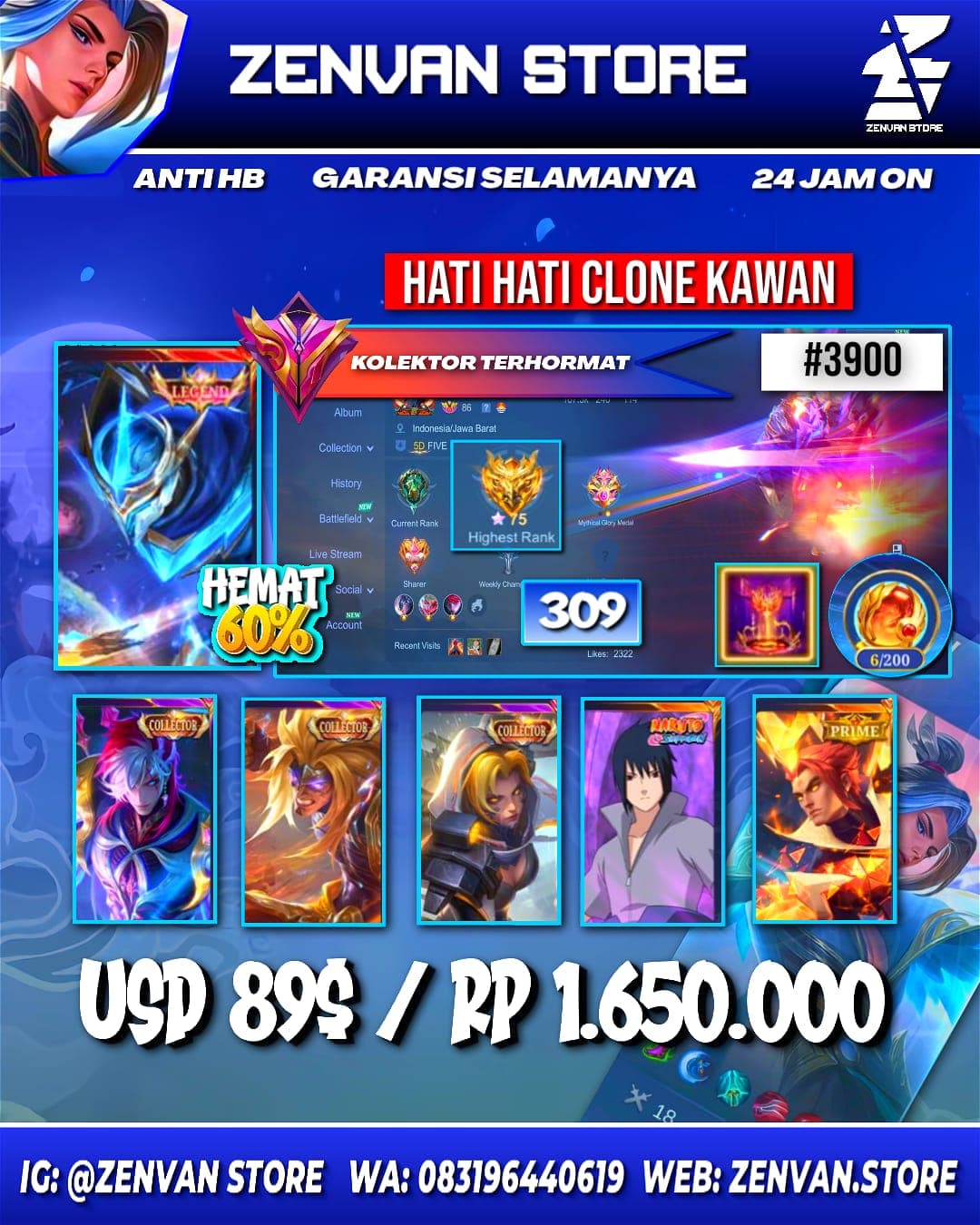🔥 #3900 🔥 309 Skins 💎 Legend Gusion 👑 Collector Aamon, Badang & Natalia ⚔️ Sasuke ⭐ Prime Yu Zhong 🌟 SpongeBob 🎯 KoF Karina ✨ Many Limited 🔱 Many Zodiac 💎 Many Epic ✅ Safe Account