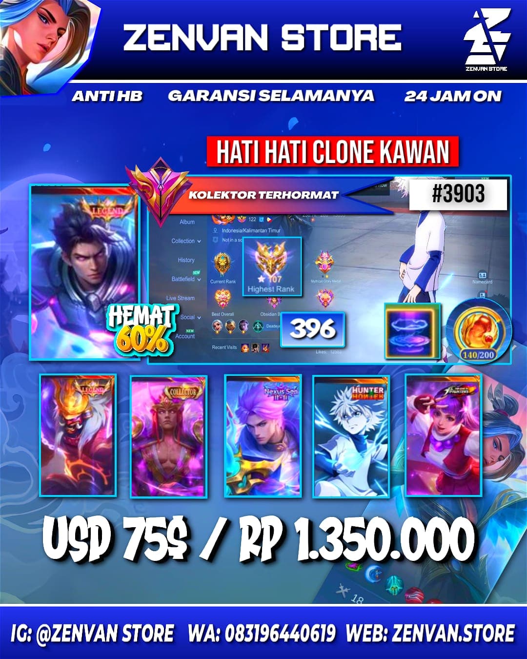 Foto akun ML 🔥 #3903 🔥 396 Skins 💎 Legend Alucard & Franco 👑 Collector Natalia ⚔️ HunterxHunter Killua ⭐ 11.11 Nolan 🌟 KoF Guinevere & Karina 🎯 Prime Claude ✨ SpongeBob 🔱 Many Limited 💎 Many Zodiac 👑 Many ✅ Safe Account - gambar 1