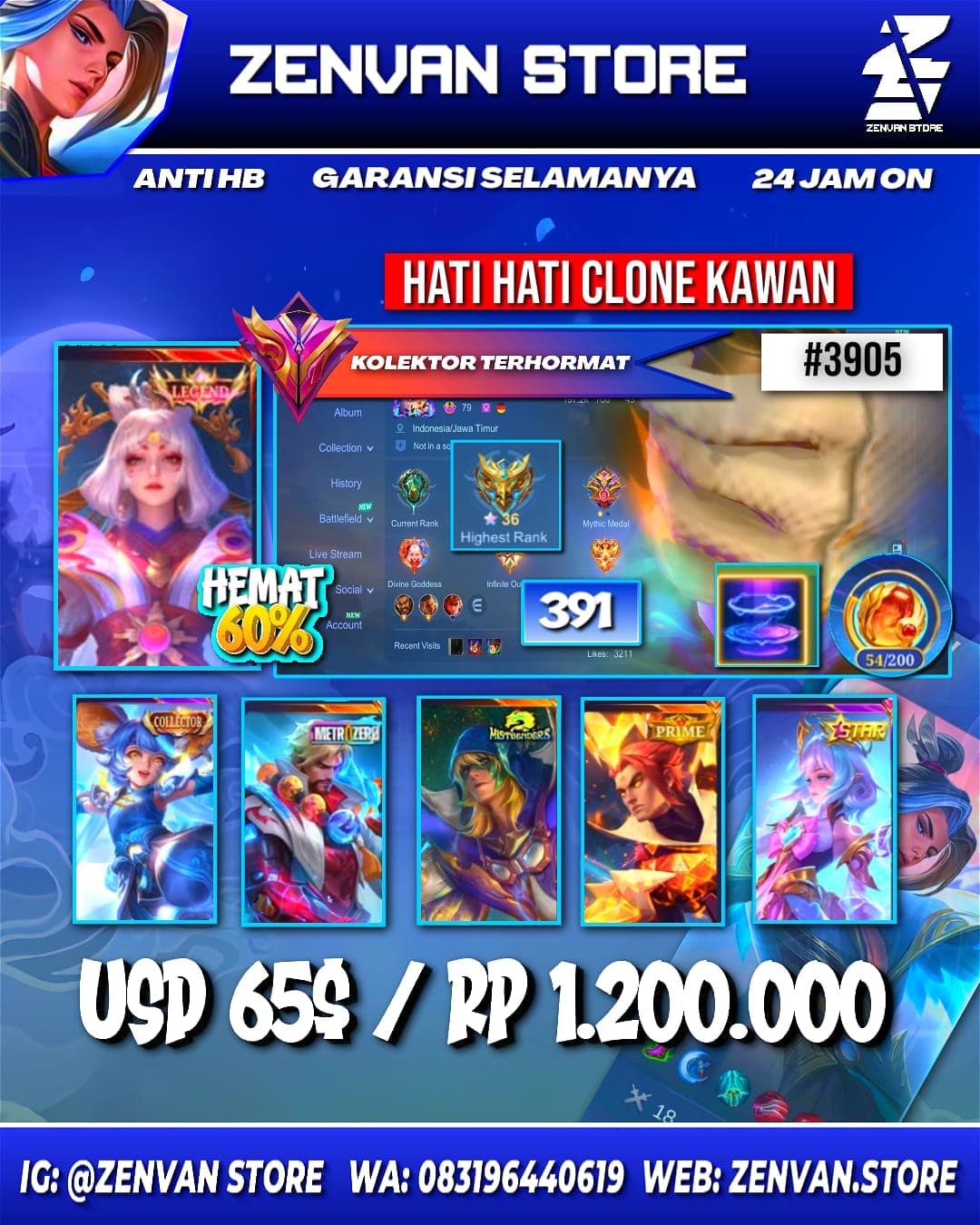 Foto akun ML 🔥 #3905 🔥 391 Skins 💎 Legend Lunox 👑 Collector Nana & Natalia ⚔️ Zero Roger ⭐ Mistbender Aldous 🌟 Prime Yu Zhong 🎯 Stun Chou & Selena ✨ KoF Karina 🔱 Many Limited 💎 Many Zodiac 👑 Many Epic ⚔️ S ✅ Safe Account - gambar 1