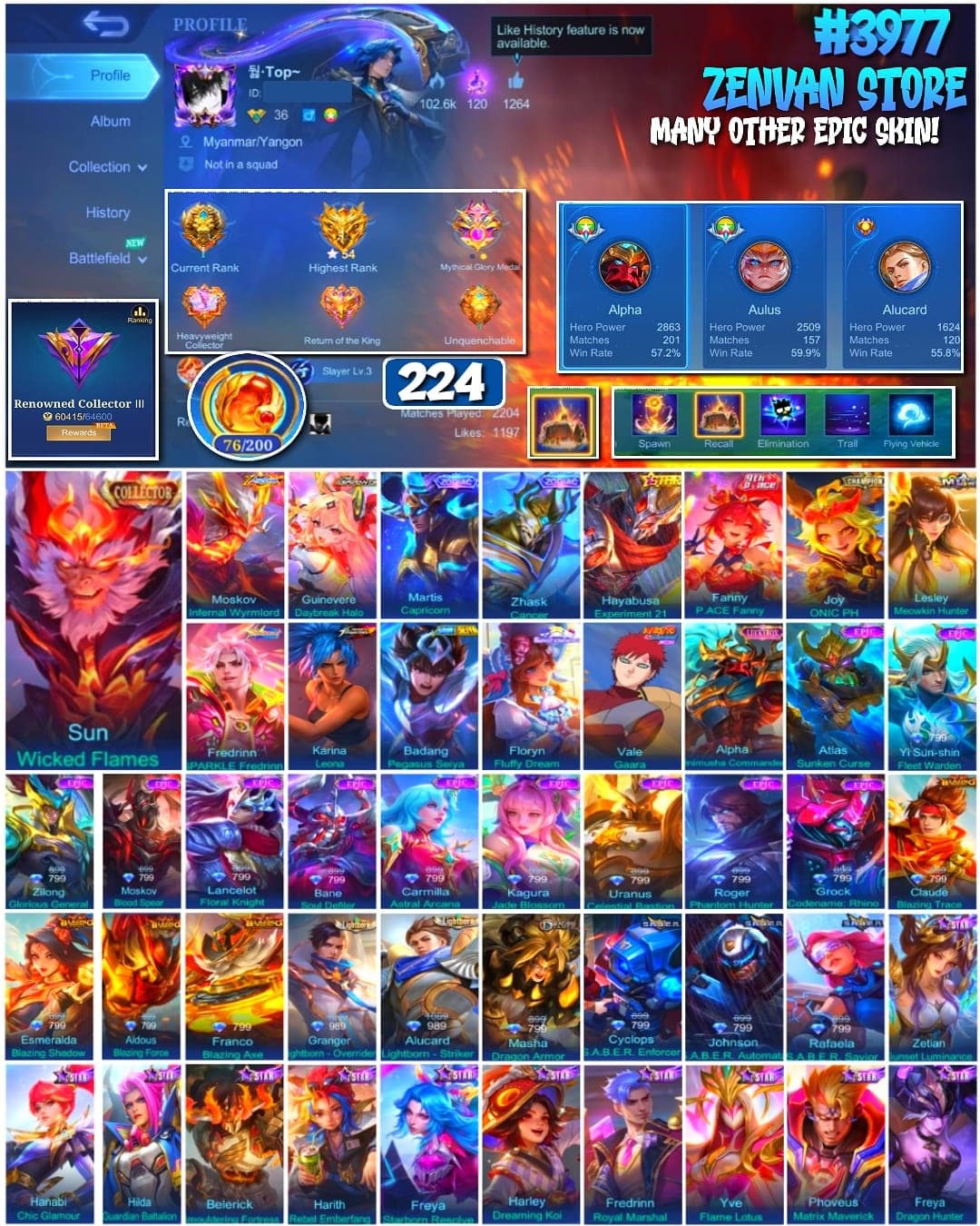 🔥 #3977 🔥 224 Skins 💎 Renowned Collector III 👑 Collector Skin ⚔️ Zodiac Martis & Zhask ⭐ Star Hayabusa 🌟 P.ACE Fanny 🎯 ONIC PH Joy ✅