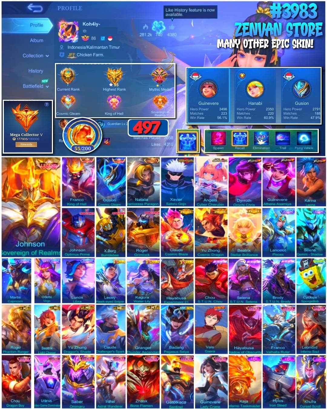🔥 #3983 🔥 497 Skins 💎 MEGA COLLECTOR V 👑 Legend Franco King of Hell ⚔️ Legend Gusion Cosmic Gleam ⭐ Jujutsu Kaisen Xavier Gojo 🎯 Collector Natalia ✅
