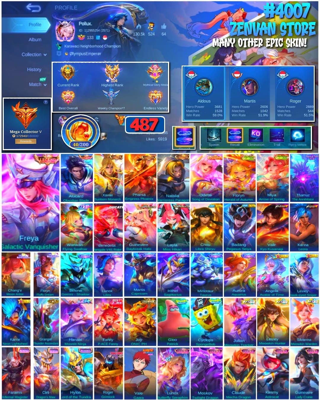 🔥 #4007 🔥 487 Skins 💎 Mega Collector V 👑 2 Legend Skins ⚔️ King of Fighters Kyo Kusanagi & Leona ⭐ Saint Seiya Pegasus Seiya 🌟 Naruto Vale Gaara 🎯 Transformers Roger Grimlock ✨ Mythical Glory 104 Stars ✅ Safe Account