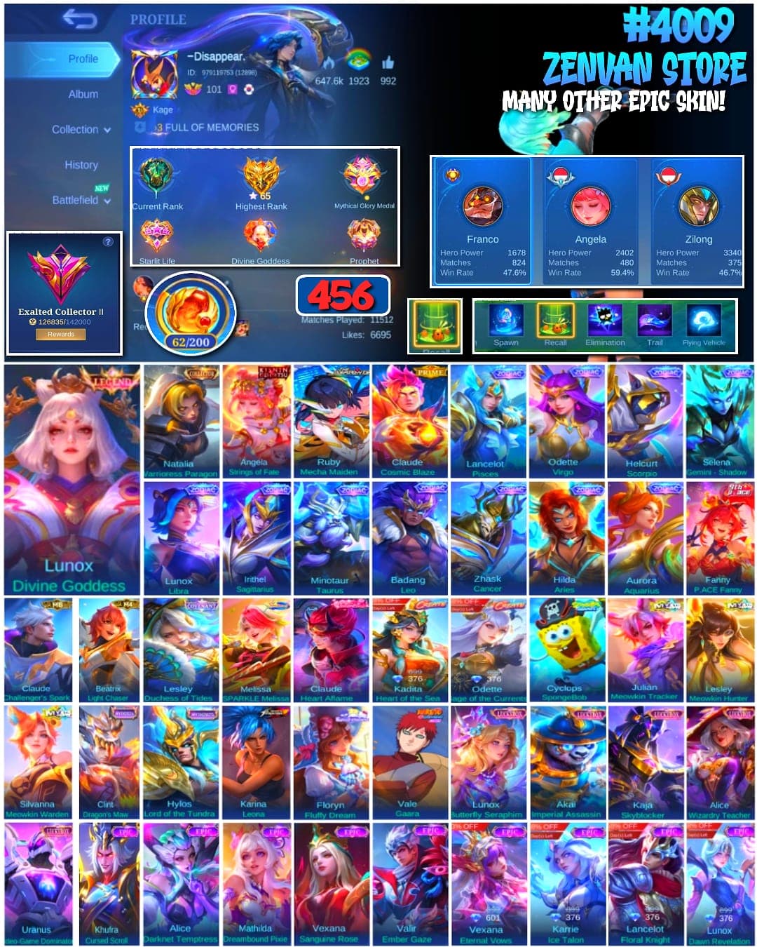 🔥 #4009 🔥 456 Skins 💎 Exalted Collector II 👑 Legend Lunox Divine Goddess ⚔️ King of Fighters Karina Leona ⭐ Naruto Vale Gaara 🌟 SpongeBob Cyclops 🎯 11 Zodiac Skins ✨ Mythical Glory 65 Stars ✅ Safe Account